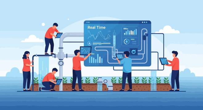 Team analyzing smart farm data on real-time dashboard, vertical farming