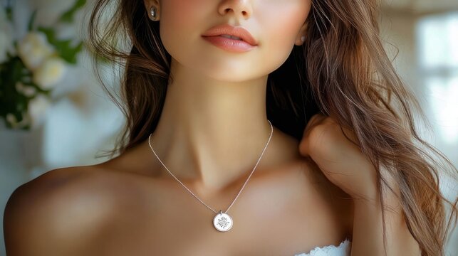 Close-up of a woman's lower face, neck and shoulders wearing a silver pendant necklace, hand in hair, soft serene expression in warm natural light