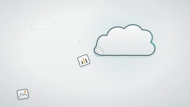 Animated cloud computing concept showing various digital files and media uploading to cloud storage