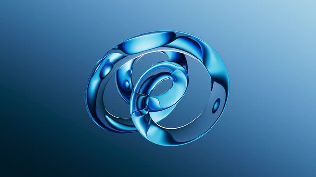 Motion of a glossy blue abstract sculpture twists dynamically against a gradient blue backdrop. 3d render animation.
