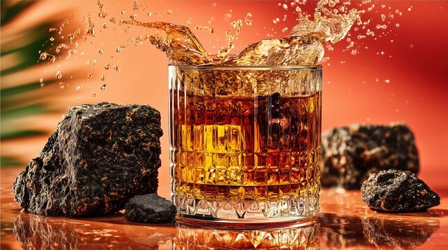 Luxury rum commercial photography, crystal tumbler filled with dark aged rum, elegant caramel-colored liquid splash, polished black volcanic stone, subtle tropical atmosphere