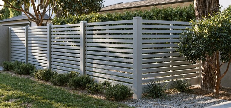 A modern gray composite fence with horizontal slats and strong posts defines this suburban backyard's private outdoor space.