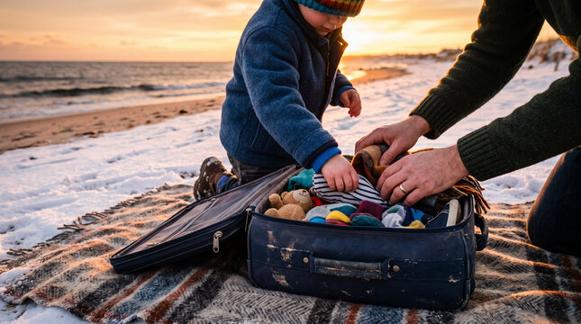 Young child packing a blue suitcase with colorful clothes outdoors