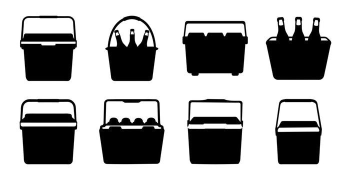 Flat pack icon set of garden planters and wheelbarrows - Minimalist black and white vector icons showing various garden planters, flower pots, and wheelbarrows in a flat design style.