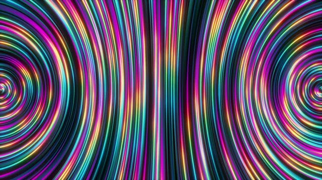 Looped abstract waves of glowing gradient lines create a rhythmic colorful pattern. Eye-catching motion background for concerts, screens, and digital branding content.