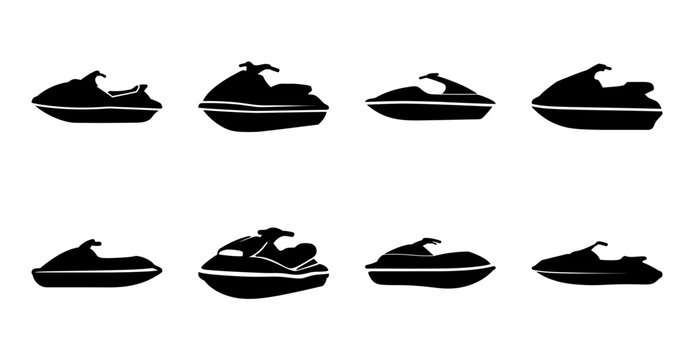 Eight jet ski silhouettes in a row - Black and white vector illustration of eight jet ski silhouettes aligned neatly for a clean, modern design.