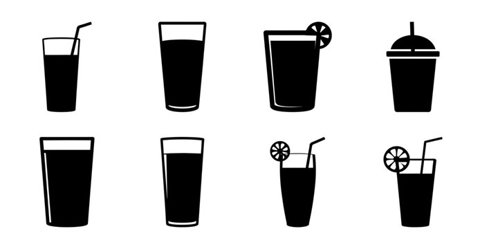 Eight black and white drink icons with straws - Simple set of eight drink icons featuring glasses with straws, some containing ice cubes, in black and white vector style for various uses.