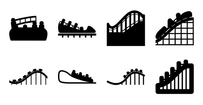 Black and white roller coaster and amusement park icons - Set of playful black and white vector icons featuring roller coasters, amusement rides, and park attractions in a clean, minimalist style.