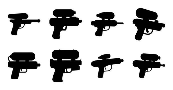 Black futuristic blaster guns collection icon set - Modern black silhouette icons of futuristic blaster guns in various styles, ideal for sci-fi designs and digital media projects.