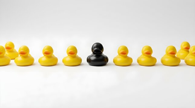 Rubber ducks arranged in a line show one black toy standing out among many yellows.