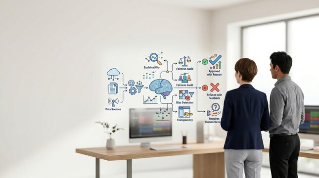 Artificial intelligence ethics flowchart showing fairness audit, bias detection and explainability process, two business professionals analyzing algorithm transparency on screen