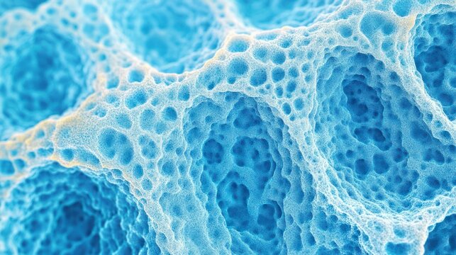 Close-up of blue porous sponge-like structure with soft ethereal texture and calming organic honeycomb pattern