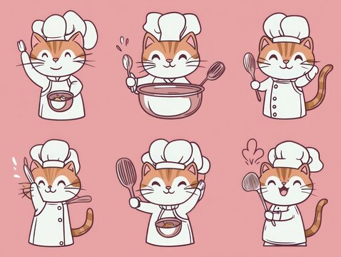 six smiling tabby cats in chef hats and aprons cooking with spoons, whisks, bowls and ladles on a pink background, playful and joyful