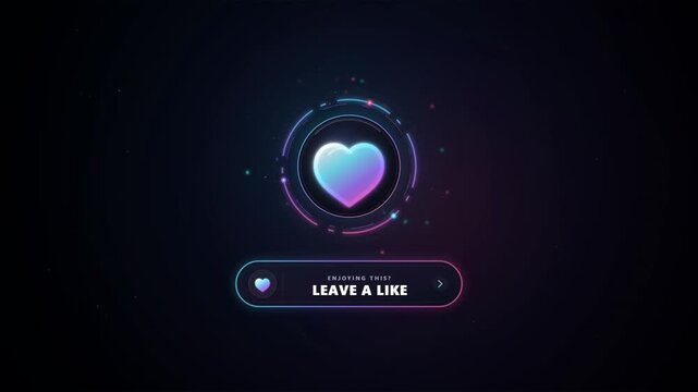 Glowing neon heart like button animation with futuristic circle interface and call to action text