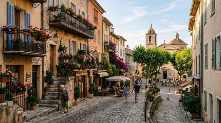Fototapeta premium Charming cobblestone street in a historic European village with couples walking