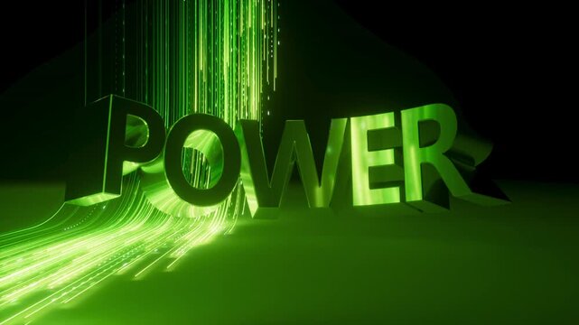 Bright green neon lines illuminate POWER word on dark background. The glowing trails create intense tech energy effect. 3d render motion.