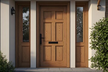 Obraz premium A handcrafted solid oak wooden front door with intricate natural grain patterns, matte finish and soft morning light highlighting realistic textures.