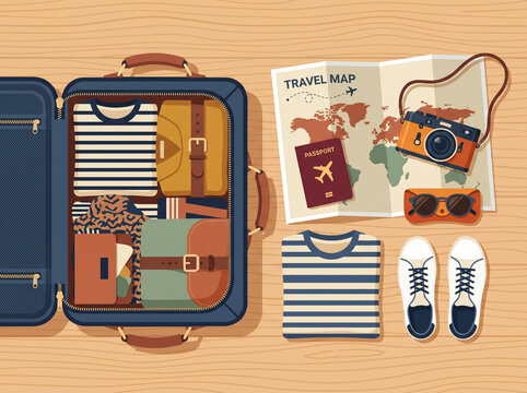 Travel essentials laid out for a trip.