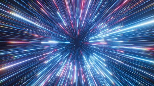 Looped blue starburst with a spinning center and fast neon light beams. Dynamic futuristic background for sci-fi, speed, and digital energy themes.