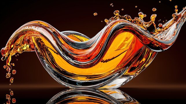 Luxury commercial beverage photography, dynamic flowing stream of premium amber whisky sweeping across the frame like liquid silk, crystal-clear liquid