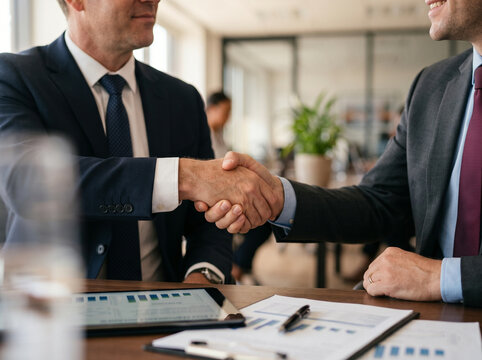 Two businessmen shaking hands in office.
