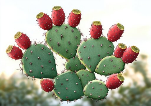 sunlit prickly pear cactus with green pads and bright red fruit, spiny pads in close-up against a soft blurred background, vibrant and lively