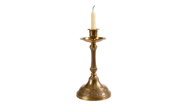 Isolated elegant antique brass candlestick holding an unlit cream wax candle, vintage home decor item.