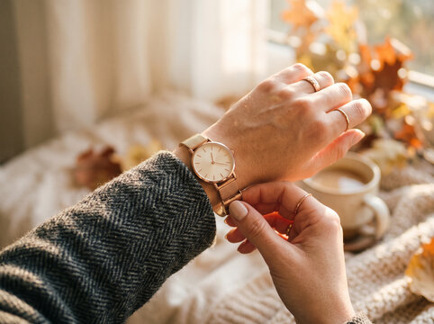 Woman adjusting her watch on wrist.