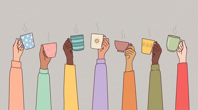 Diverse hands holding colorful coffee cups.