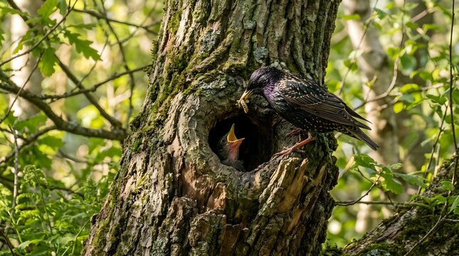 Starling parents feed their hungry chicks inside a hollow tree trunk cavity.