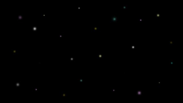 黒背景で点滅するパステルカラーの素朴な丸い粒子 手描き風カラフルドット Simple pastel colored dots blinking on black background