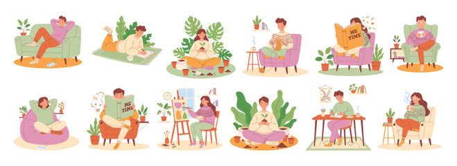 Obraz premium Cozy hobby character set with people reading book, knitting, painting on easel, planting houseplant, relaxing on sofa, hand drawn vector, colorful flat style for mental health wellness poster.