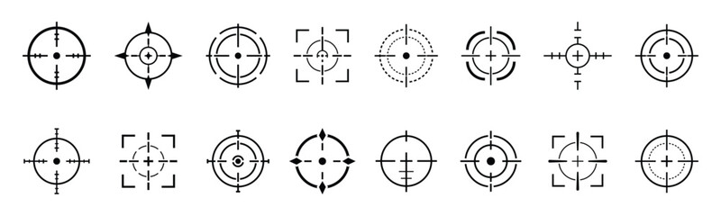 Target Crosshair Vector Set, Tactical Cross Hair Scope Aim Reticle Icons Black Line Minimalist Clipart Collection Isolated on White Background © XshineGFX