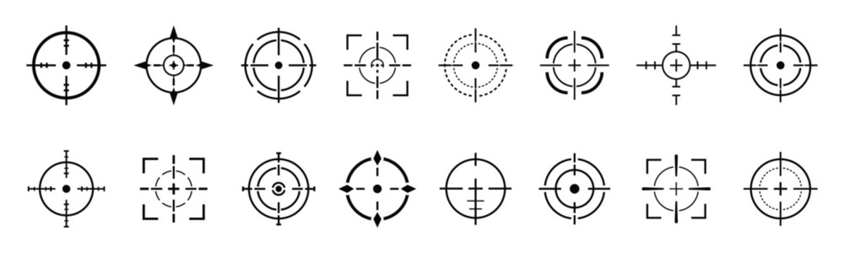 Target Crosshair Vector Set, Tactical Cross Hair Scope Aim Reticle Icons Black Line Minimalist Clipart Collection Isolated on White Background