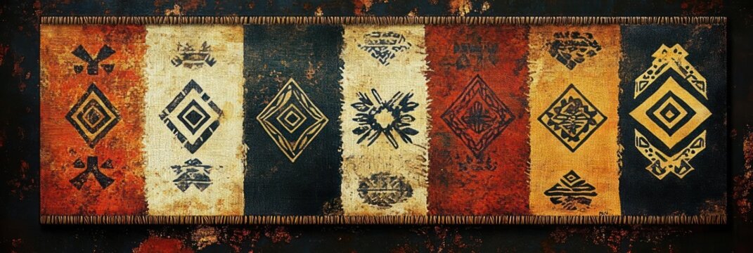 distressed tribal woven tapestry with alternating red, black, cream and ochre vertical panels, geometric diamond and sun motifs, fringe borders, warm rustic vintage mood
