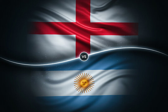 England and Argentina national flags displayed in dynamic silk fabric style with VS badge, representing international football rivalry and World Cup semifinal matchup concept.