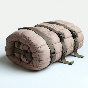 rolled quilted sleeping mat secured with three olive straps and plastic buckles on a white background, cozy and ready for outdoor adventure