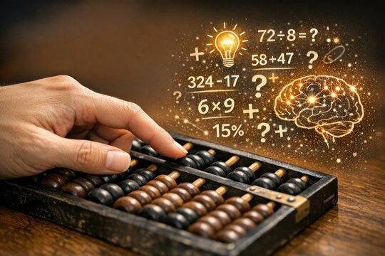 A person sits at a desk with an abacus, deep in thought as they work through a mathematical problem