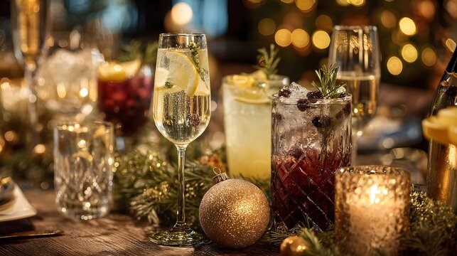 Luxury Christmas party table filled with elegant festive cocktails, champagne, candles, ornaments, pine branches, golden lights, sophisticated holiday celebration.