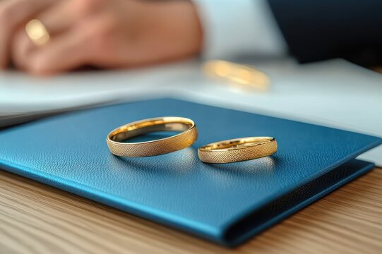 Two textured gold wedding bands on a blue leather folder on a wooden table, with a blurred suited hand and pen in the background evoking intimate romantic celebration