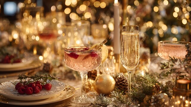Luxury Christmas party table filled with elegant festive cocktails, champagne, candles, ornaments, pine branches, golden lights, sophisticated holiday celebration.