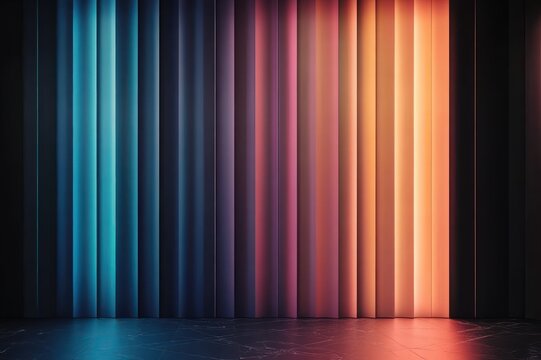 futuristic vertical illuminated panels in blue, purple and orange gradient casting colorful reflections on a polished dark marble floor, dramatic moody stage-like scene