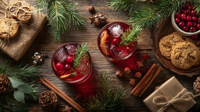 Top view flat lay of Christmas cocktails, pine branches, ornaments, cinnamon sticks, cranberries, cookies, wrapped gifts, wooden background.