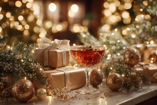 Luxury Christmas cocktail beside beautifully wrapped gift boxes, pine branches, ornaments, fairy lights, elegant holiday styling.