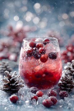 Frozen cranberry Christmas cocktail with frosted glass, ice crystals, snowy decorations, pine cones, winter holiday atmosphere, commercial beverage photography.