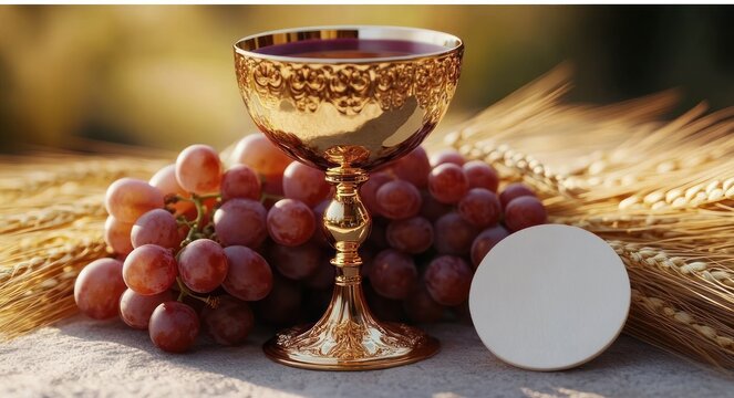ornate golden chalice filled with red wine beside a round communion wafer, ripe red grapes and stalks of wheat on a stone surface, warm peaceful reverent mood