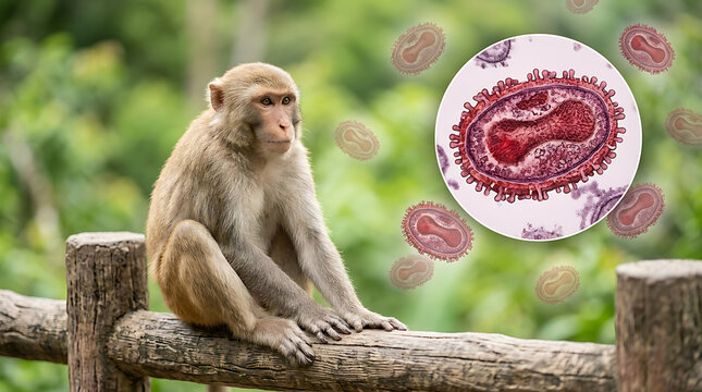 Macaque monkey sitting on a wooden fence with monkeypox virus illustration overlay