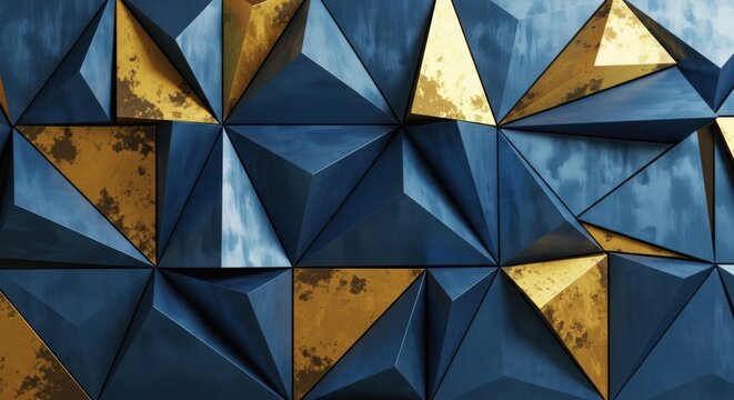 Abstract geometric pattern with blue and gold triangles, a modern dimensional background