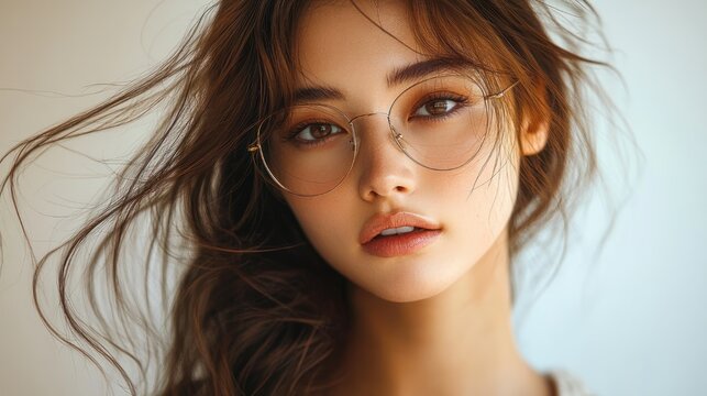 close-up portrait of a young woman wearing round glasses with windblown brown hair and a calm, contemplative expression in soft warm light