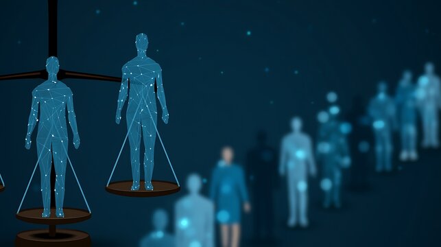 Scales balancing human values and AI. Digital ethics concept. Tech justice and morality.
